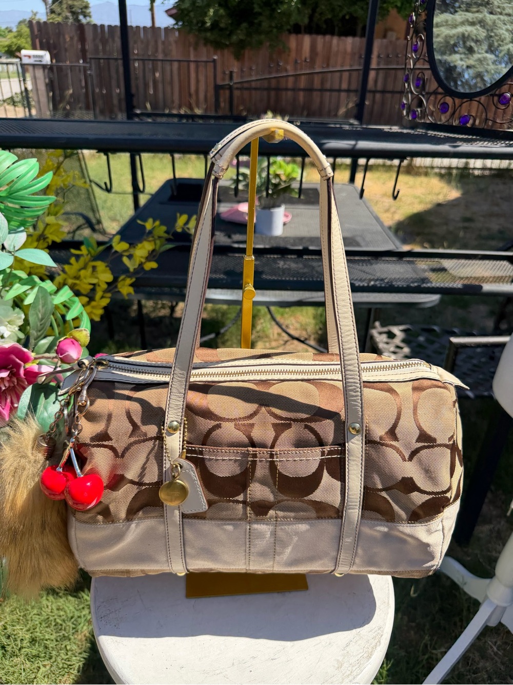 Coach Khaki/Beige Signature Canvas Shoulder Bag with Pearl Charm - Picture 6 of 7